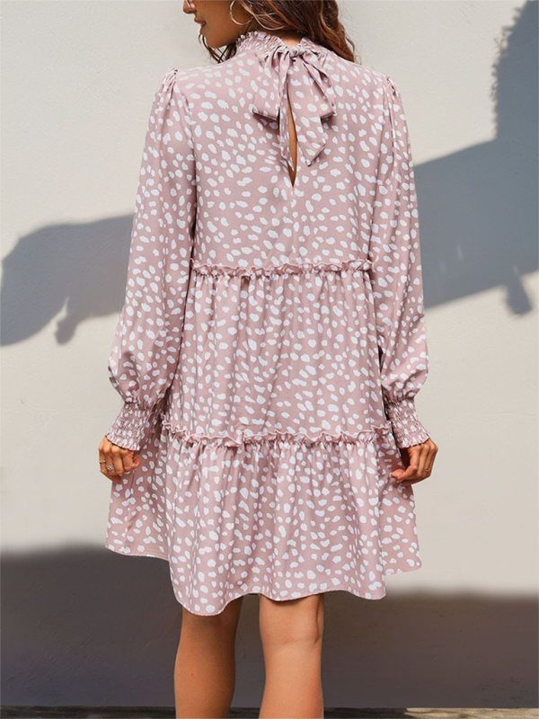 Leopard Print Loose Long Sleeve Dress – Stand Collar, Lightweight Spring Fit