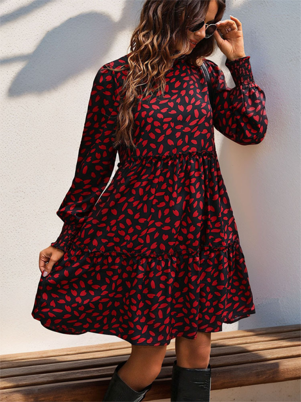 Leopard Print Loose Long Sleeve Dress – Stand Collar, Lightweight Spring Fit