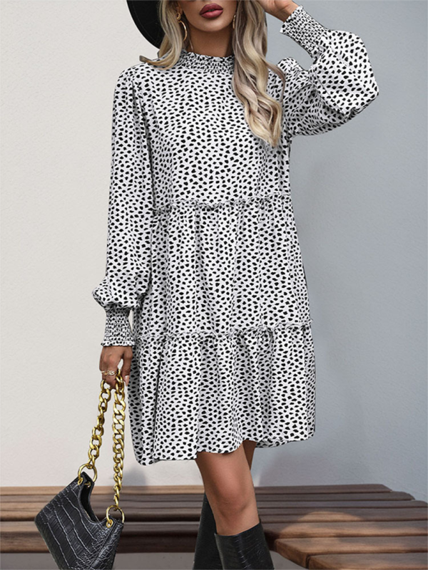 Leopard Print Loose Long Sleeve Dress – Stand Collar, Lightweight Spring Fit