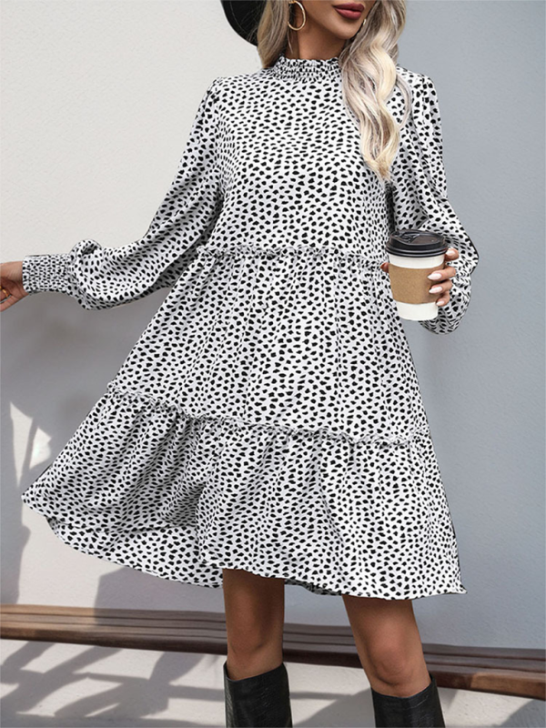 Leopard Print Loose Long Sleeve Dress – Stand Collar, Lightweight Spring Fit