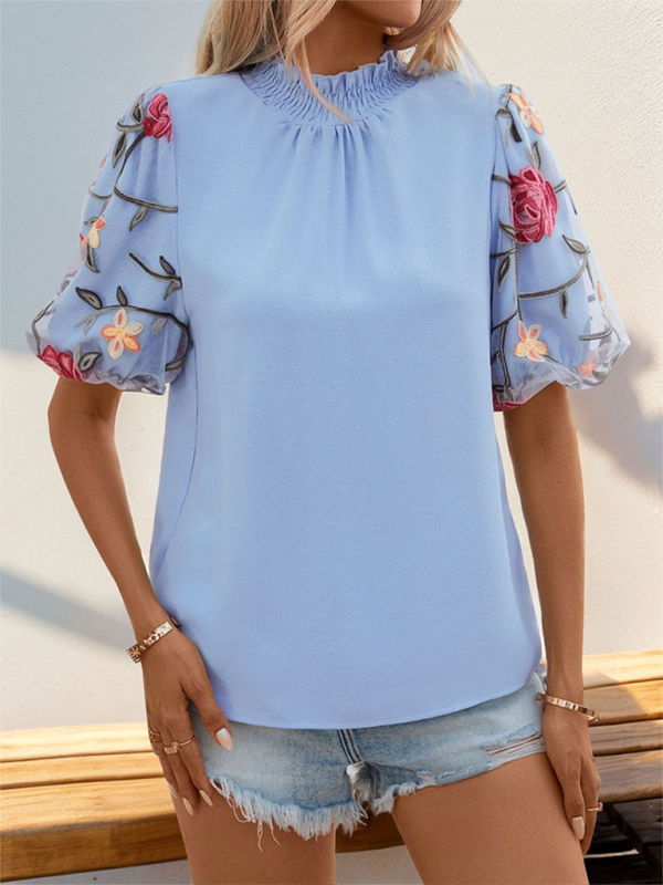 Embroidered Mesh Splice Short Sleeve Shirt with Stand Collar