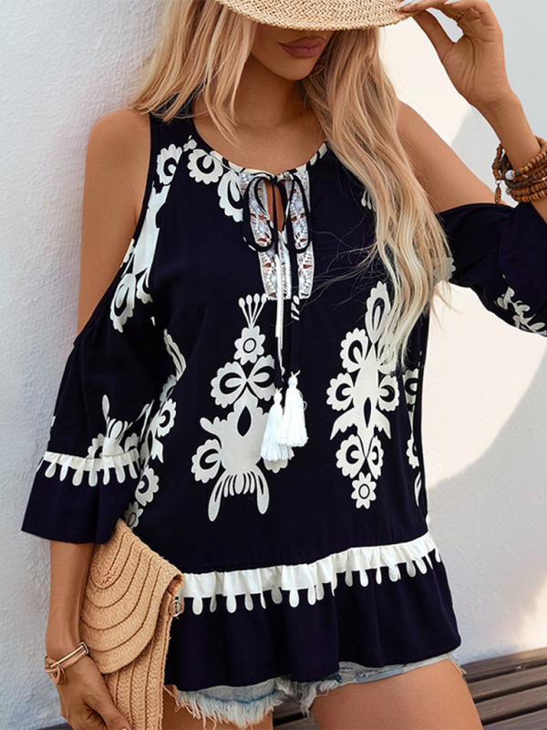 Boho Cold Shoulder Tassel Blouse – Rayon Summer Top