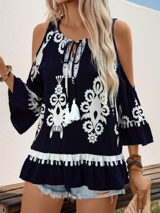 Boho Cold Shoulder Tassel Blouse – Rayon Summer Top