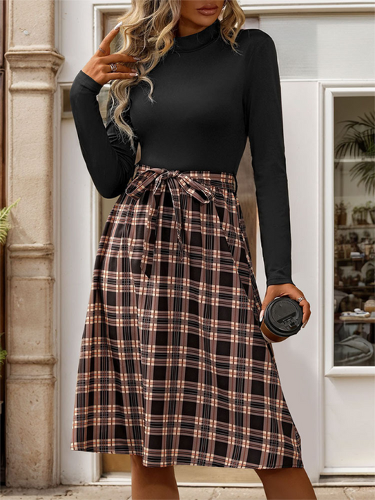 Elegant Plaid Knit Long Dress – Stand Collar Slim Fit, Autumn-Winter Style