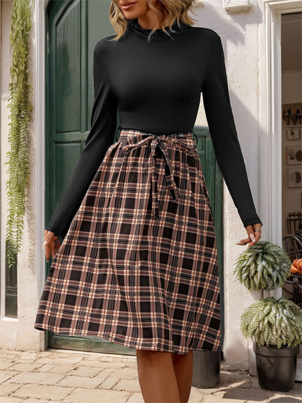 Elegant Plaid Knit Long Dress – Stand Collar Slim Fit, Autumn-Winter Style