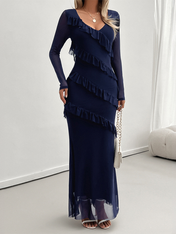 Long-Sleeve Mesh V-Neck Slim Dress – Elegant Knit Fit for Autumn & Winter
