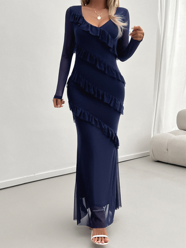 Long-Sleeve Mesh V-Neck Slim Dress – Elegant Knit Fit for Autumn & Winter