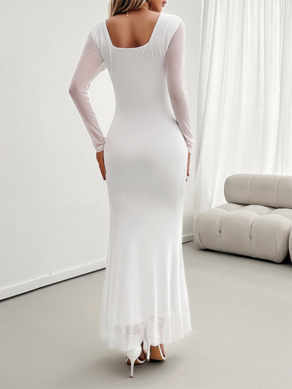 Long-Sleeve Mesh V-Neck Slim Dress – Elegant Knit Fit for Autumn & Winter