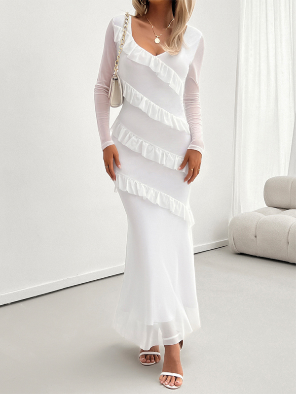 Long-Sleeve Mesh V-Neck Slim Dress – Elegant Knit Fit for Autumn & Winter