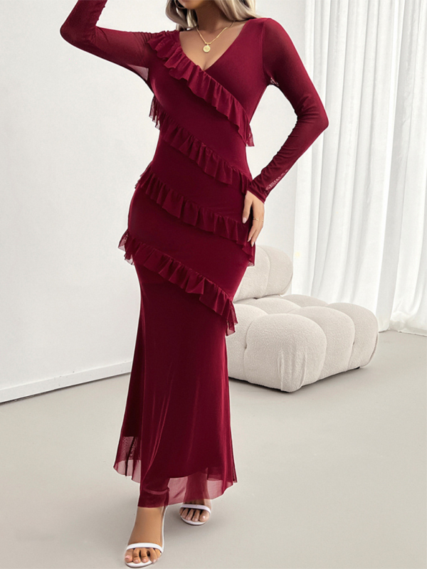 Long-Sleeve Mesh V-Neck Slim Dress – Elegant Knit Fit for Autumn & Winter