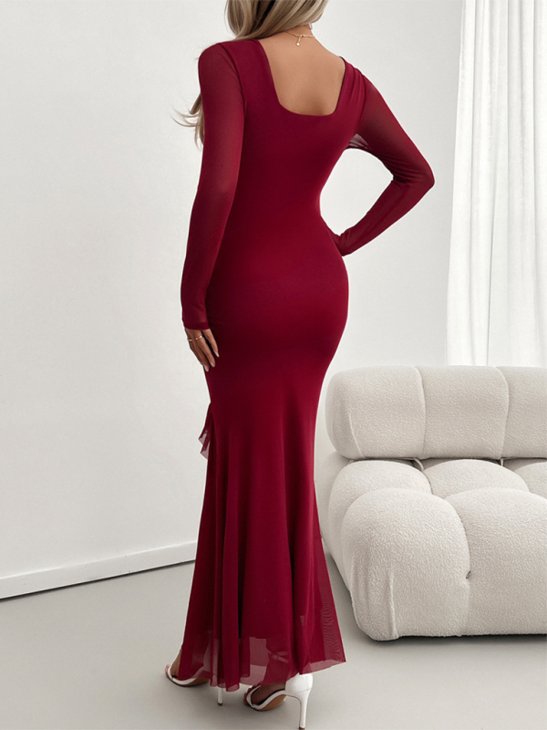 Long-Sleeve Mesh V-Neck Slim Dress – Elegant Knit Fit for Autumn & Winter