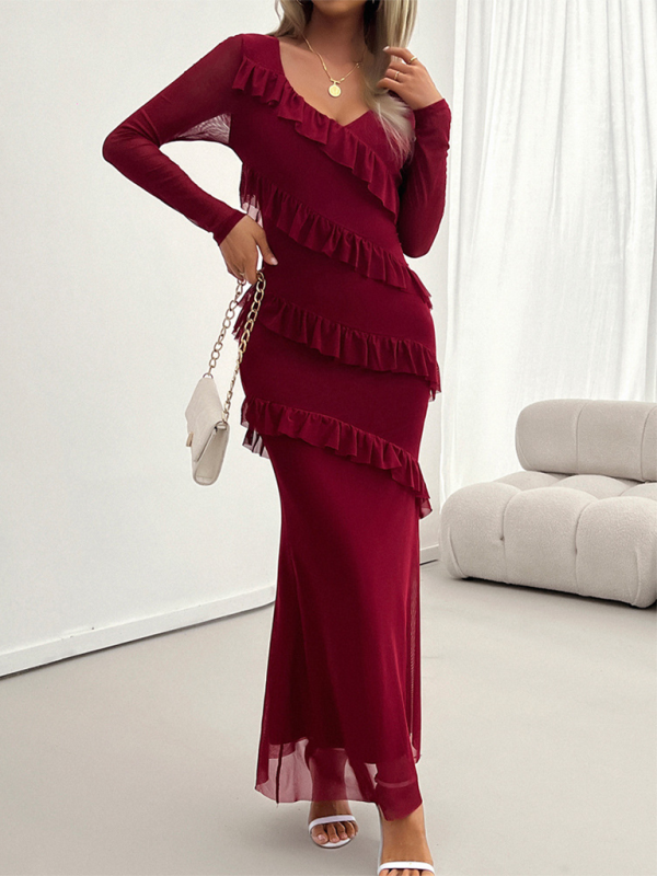 Long-Sleeve Mesh V-Neck Slim Dress – Elegant Knit Fit for Autumn & Winter
