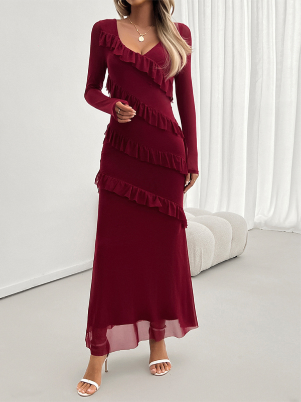 Long-Sleeve Mesh V-Neck Slim Dress – Elegant Knit Fit for Autumn & Winter