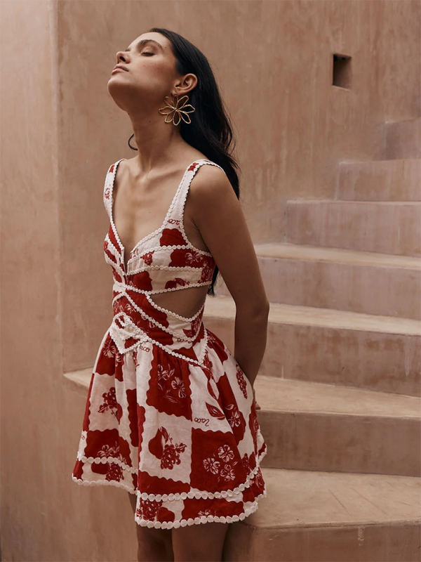 Red Printed Spaghetti Strap Midi Dress – Sexy Woven Spring-Summer Style