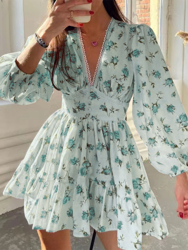Printed V-Neck Lace Mini Dress – Sexy Spring-Summer Style in White, Purple & Green