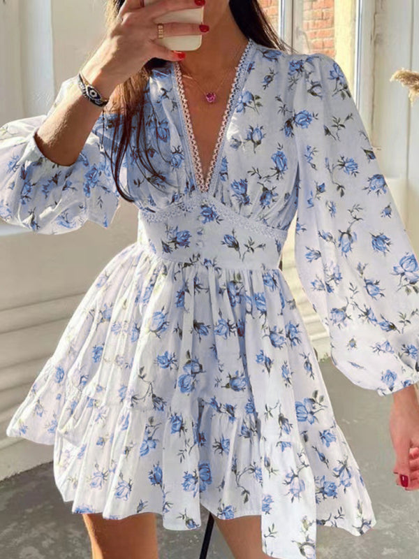Printed V-Neck Lace Mini Dress – Sexy Spring-Summer Style in White, Purple & Green