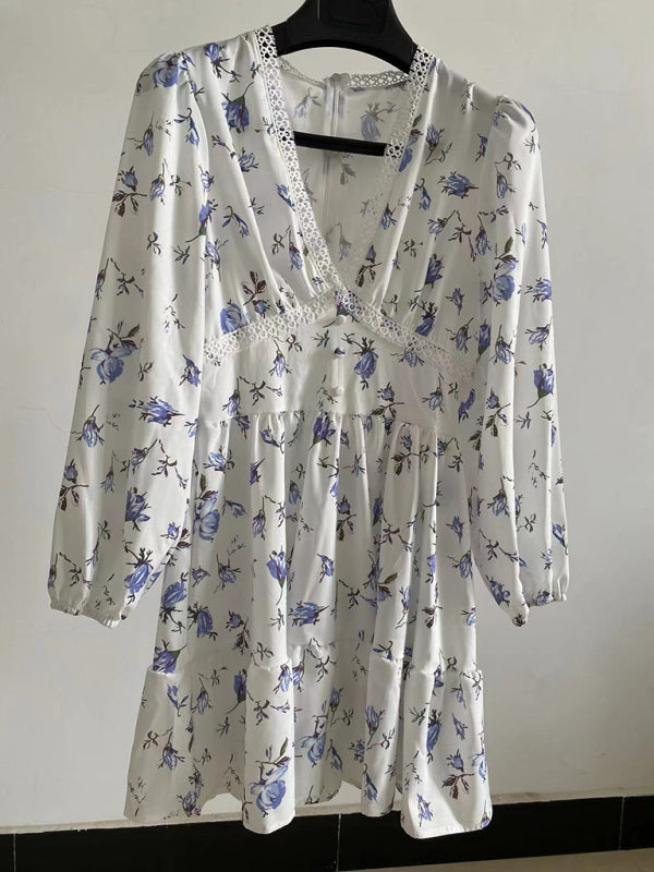 Printed V-Neck Lace Mini Dress – Sexy Spring-Summer Style in White, Purple & Green