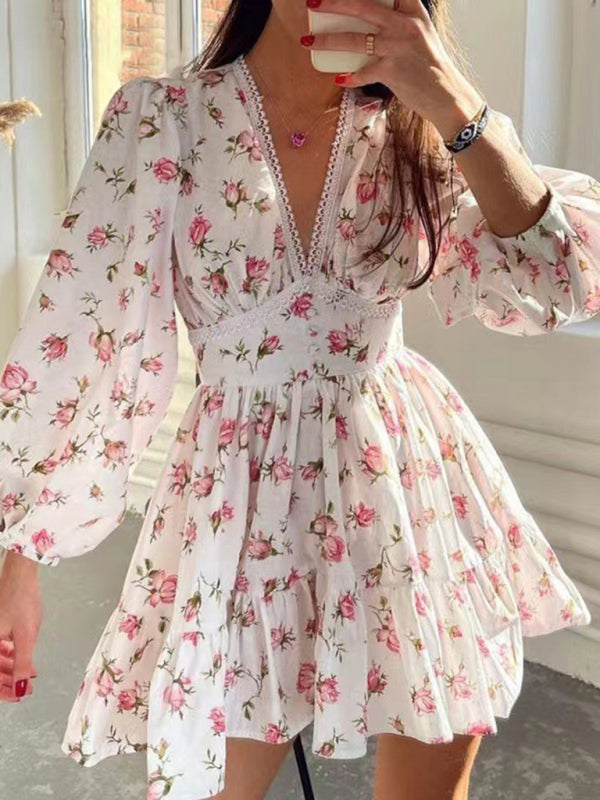 Printed V-Neck Lace Mini Dress – Sexy Spring-Summer Style in White, Purple & Green