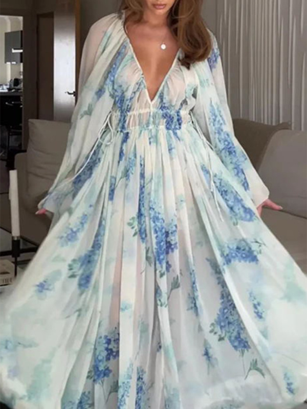 Sheer V-Neck Long-Sleeve Maxi Dress – Pleated Waist & Chiffon Floral Print