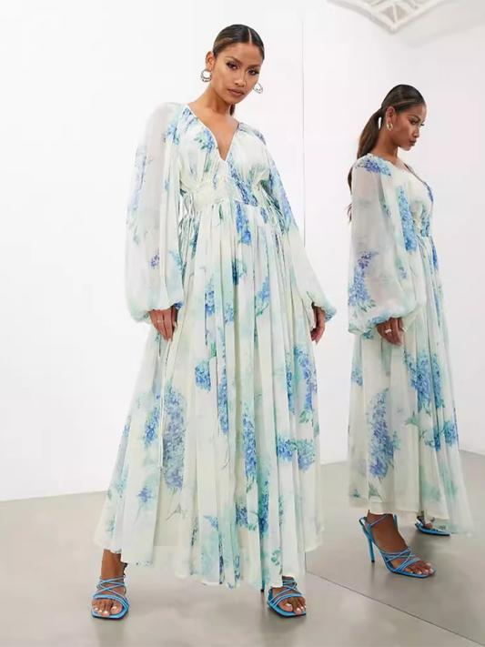 Sheer V-Neck Long-Sleeve Maxi Dress – Pleated Waist & Chiffon Floral Print