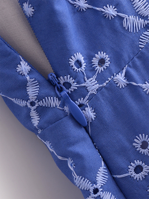 Romantic Hollow Embroidery Slim Suspender Dress – V-Neck, Woven, Peacock Blue