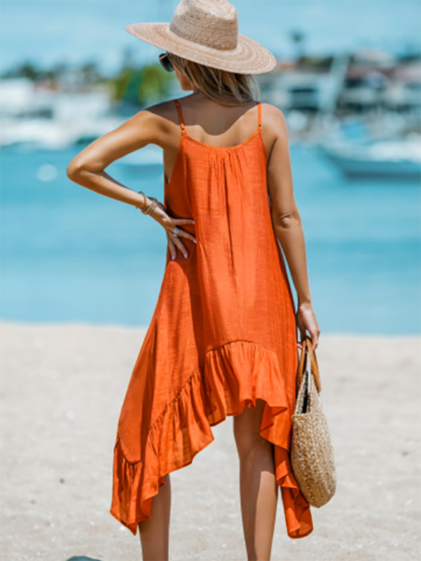 Casual Solid Color Sling Dress – Irregular Hem & V-Neck, Spring-Summer Style