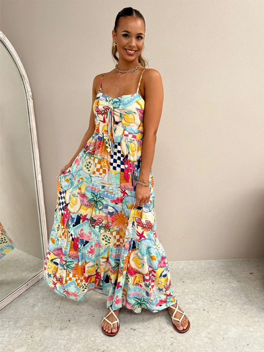 Printed Vacation Suspender Dress – Flowy Fit, Sling Neckline, Lightweight Woven