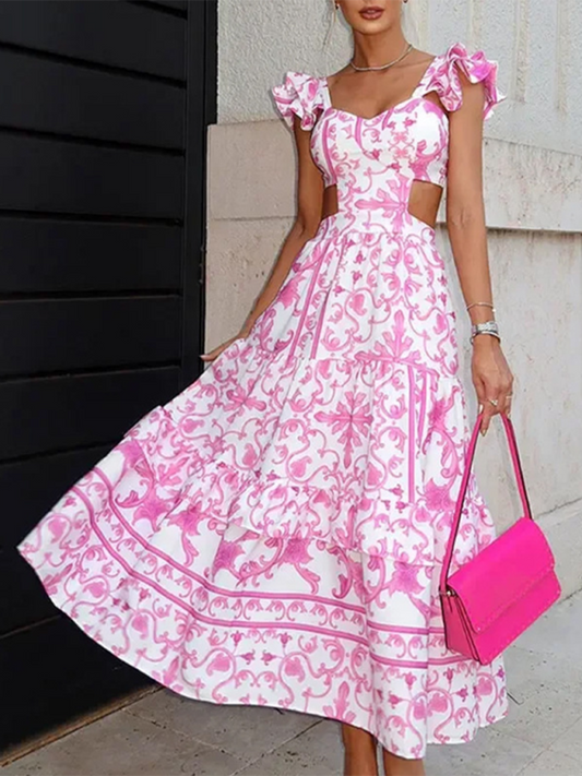 Floral Print Sweetheart Neck Hollow Dress