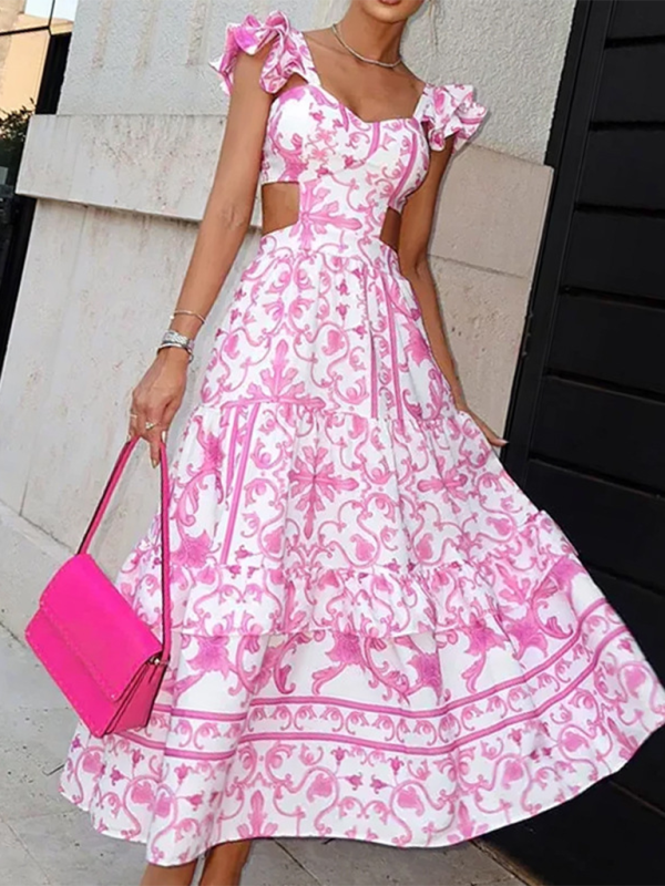 Floral Print Sweetheart Neck Hollow Dress
