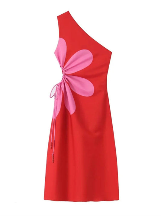 Red Hollow-Detail Printed Dress – Woven Cotton Blend, Spring-Summer Style