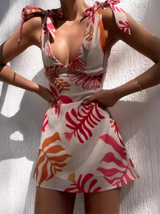 Deep V-Neck Printed Short Dress – Lightweight Woven Style for Summer