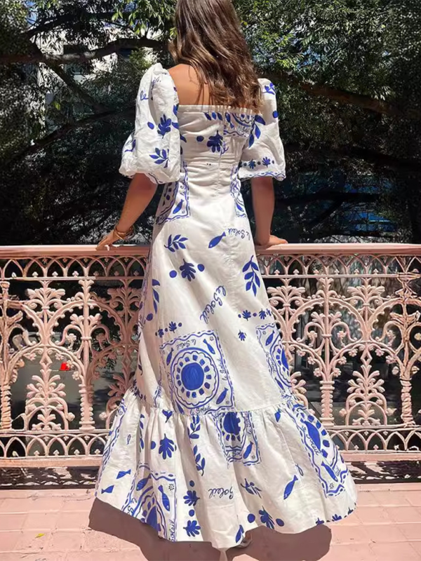 One-Shoulder Printed Lantern Sleeve Midi Dress – Linen Blend