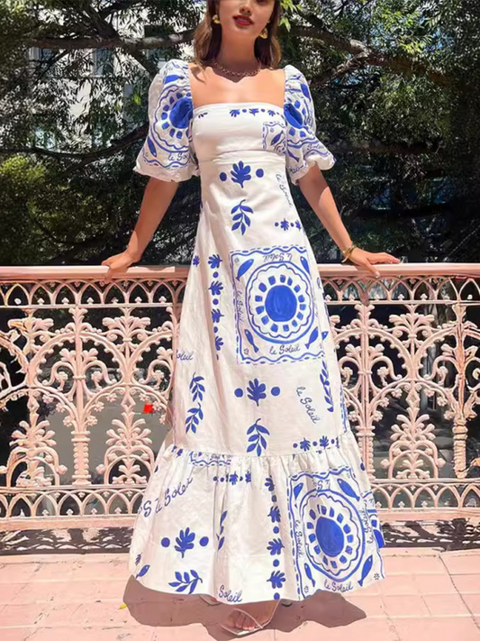 One-Shoulder Printed Lantern Sleeve Midi Dress – Linen Blend