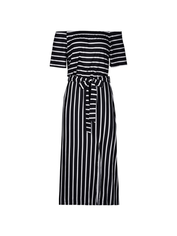 One-Shoulder Striped Midi Dress – Short Sleeve, Spring-Summer Ready