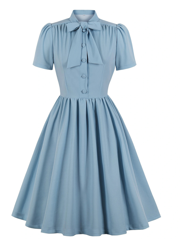 Solid Color Lace-Up Swing Dress – Graceful Midi Style with Stand Collar
