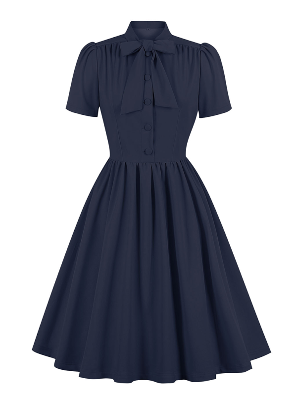 Solid Color Lace-Up Swing Dress – Graceful Midi Style with Stand Collar