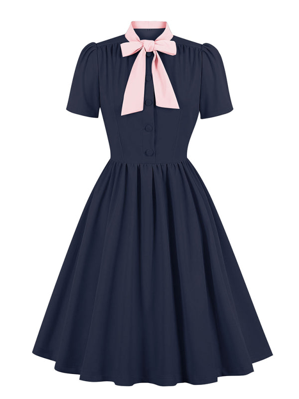 Solid Color Lace-Up Swing Dress – Graceful Midi Style with Stand Collar