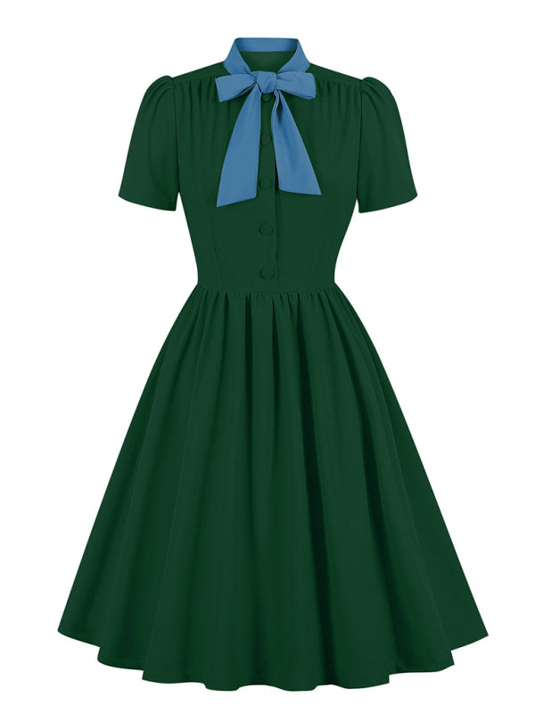 Solid Color Lace-Up Swing Dress – Graceful Midi Style with Stand Collar