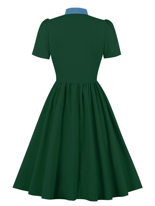 Solid Color Lace-Up Swing Dress – Graceful Midi Style with Stand Collar