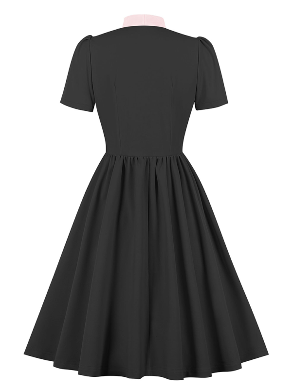 Solid Color Lace-Up Swing Dress – Graceful Midi Style with Stand Collar