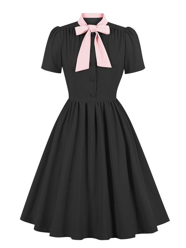Solid Color Lace-Up Swing Dress – Graceful Midi Style with Stand Collar