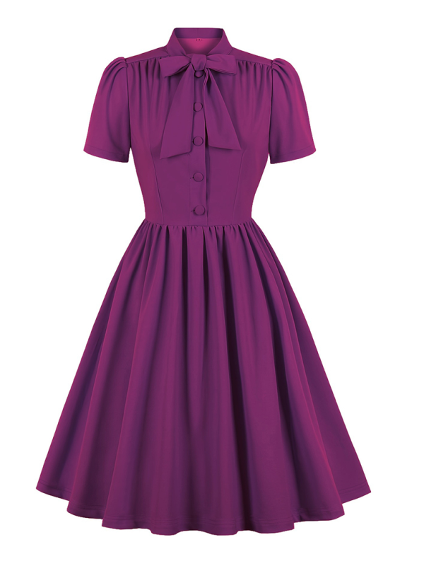 Solid Color Lace-Up Swing Dress – Graceful Midi Style with Stand Collar