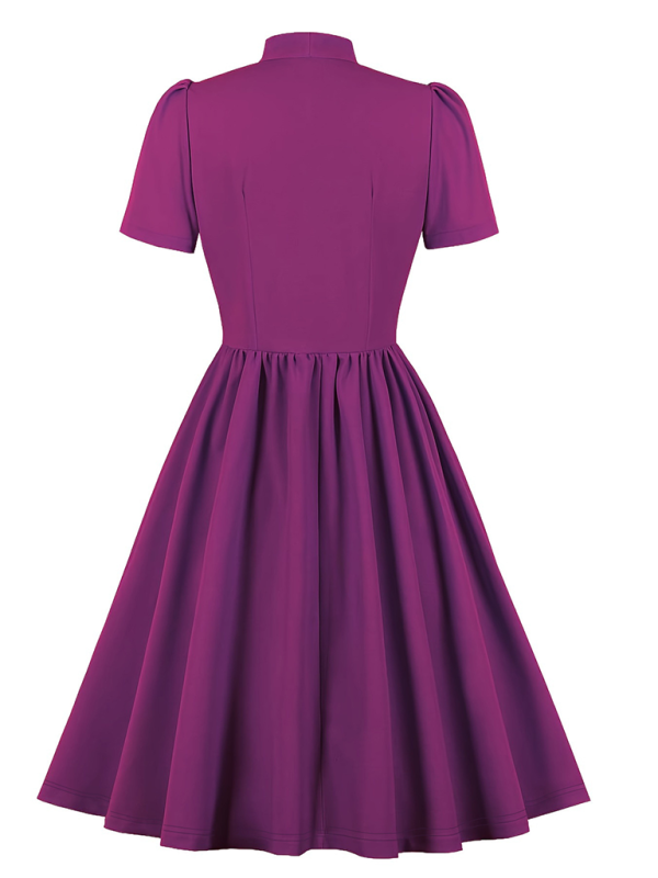Solid Color Lace-Up Swing Dress – Graceful Midi Style with Stand Collar
