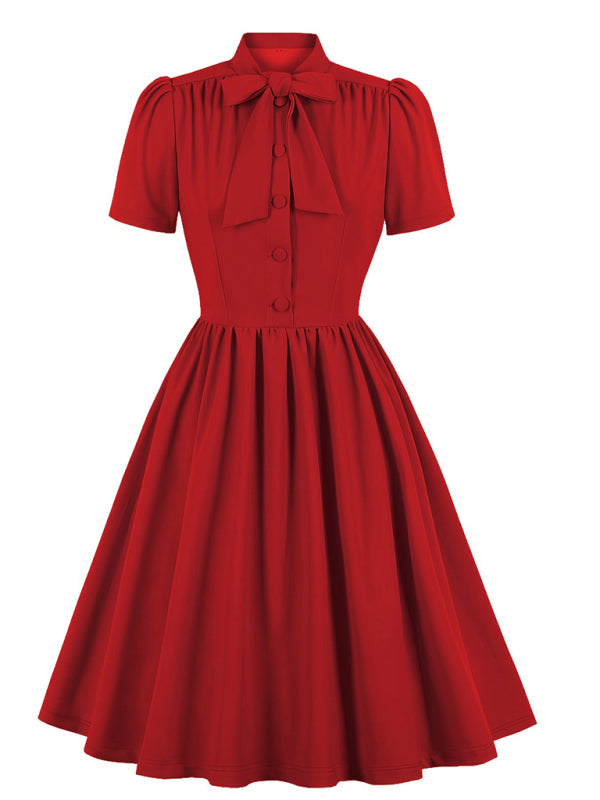 Solid Color Lace-Up Swing Dress – Graceful Midi Style with Stand Collar