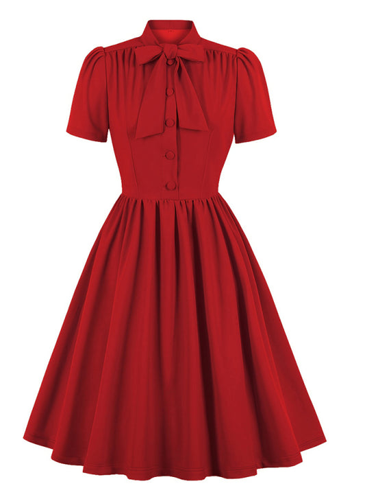 Solid Color Lace-Up Swing Dress – Graceful Midi Style with Stand Collar