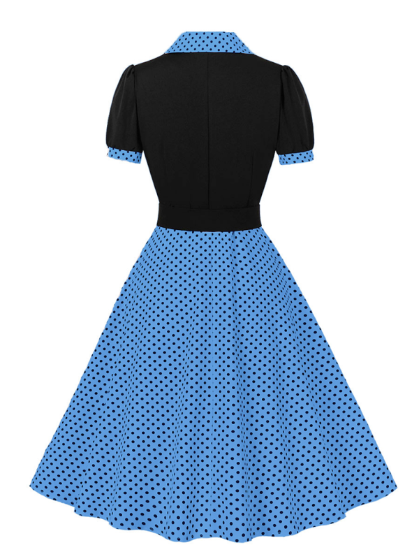 Polka Dot Lapel Belted Midi Dress – Short Sleeve, Slim Fit, Spring Style