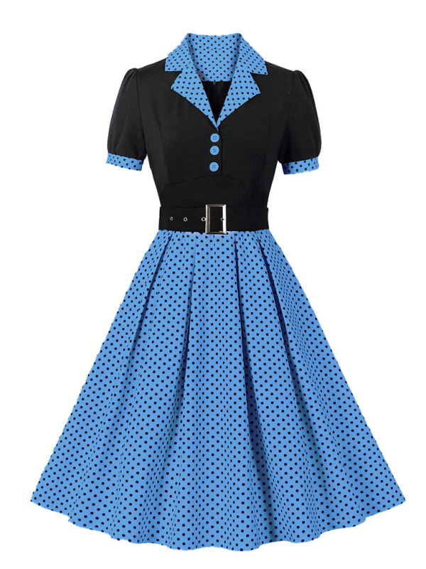 Polka Dot Lapel Belted Midi Dress – Short Sleeve, Slim Fit, Spring Style