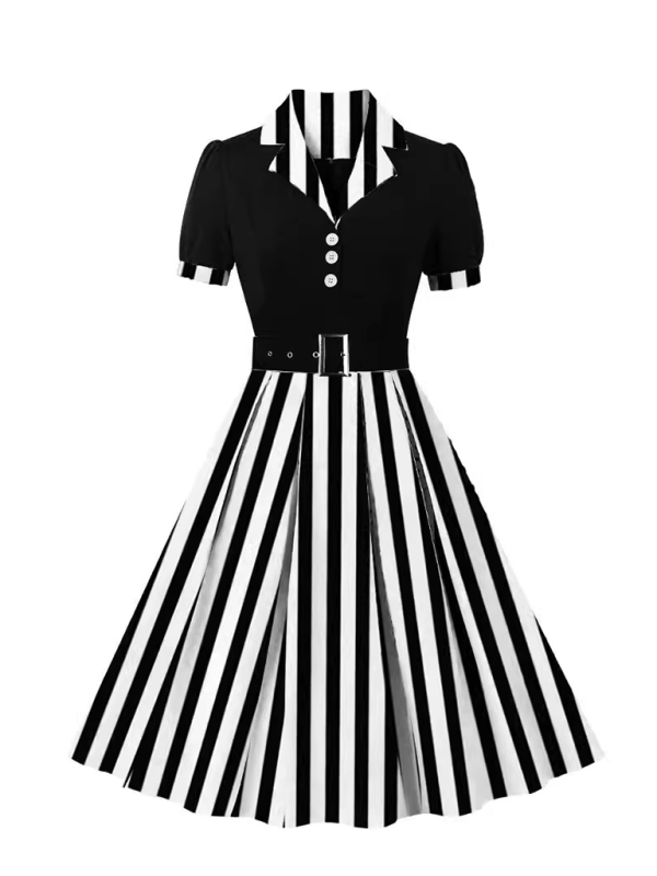 Polka Dot Lapel Belted Midi Dress – Short Sleeve, Slim Fit, Spring Style