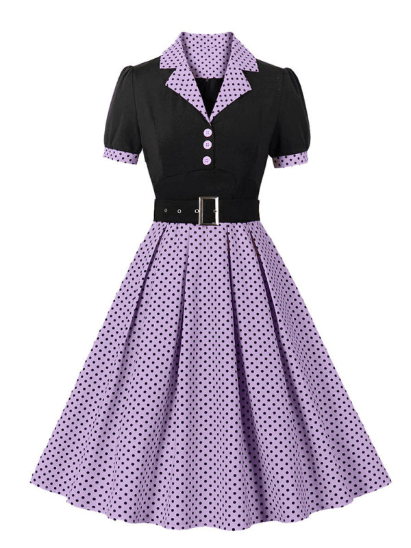 Polka Dot Lapel Belted Midi Dress – Short Sleeve, Slim Fit, Spring Style