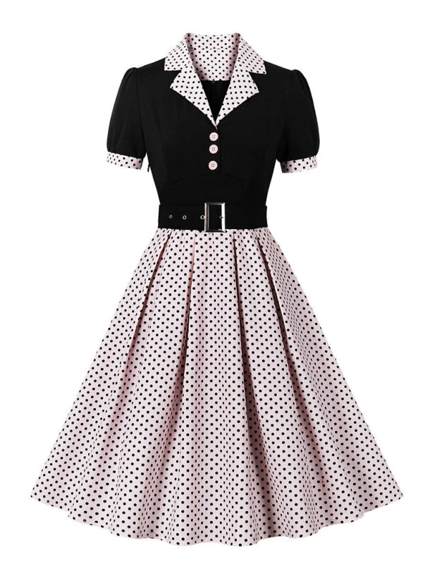 Polka Dot Lapel Belted Midi Dress – Short Sleeve, Slim Fit, Spring Style